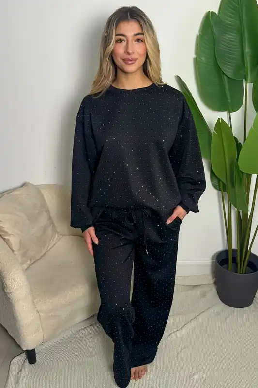 Black Long Sleeve Glitter Dot Co Ord Set - Femme Luxe