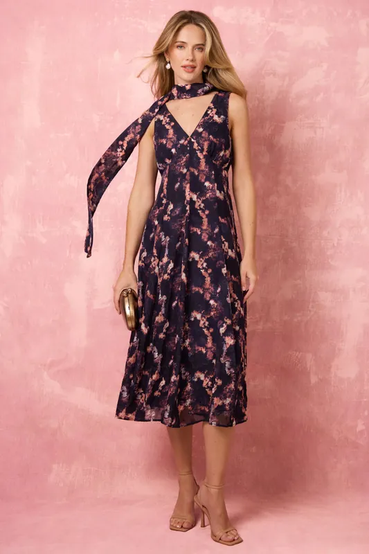 Navy Luxe Tie V Neck Sleeveless Dress - Blue Vanilla