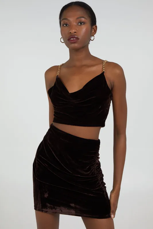 Brown Velvet Chain Detail Crop Top - Pink Vanilla