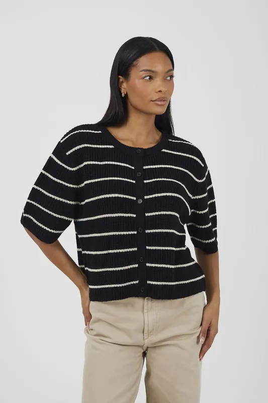 Striped Short Sleeve Fisherman Knit Cardigan - Brave Soul