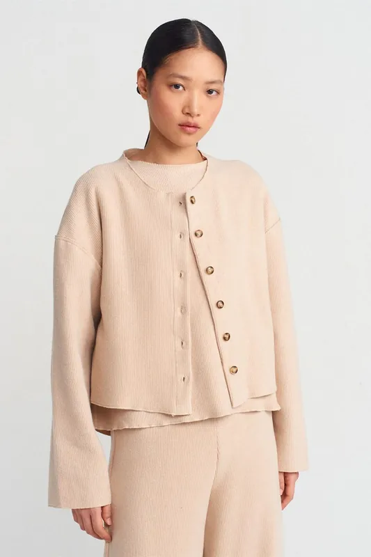 Women's Ribbed Crew Neck Button Cardigan - Dilvin