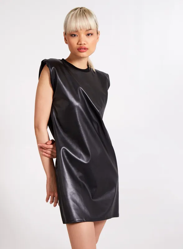 Wet Look Vegan Leather Shoulder Pad Dress - Pink Vanilla