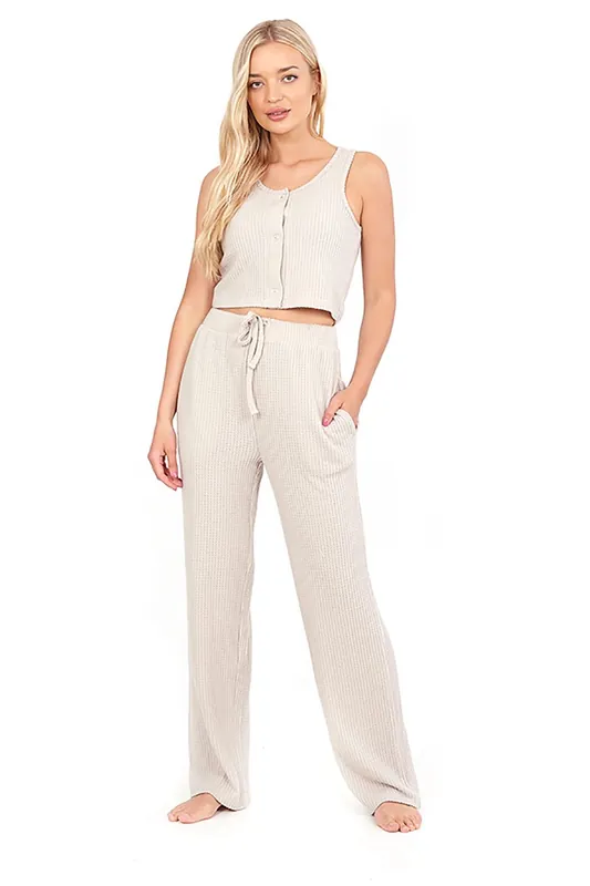 Cropped Vest & Wide Leg Waffle Lounge Set - Brave Soul