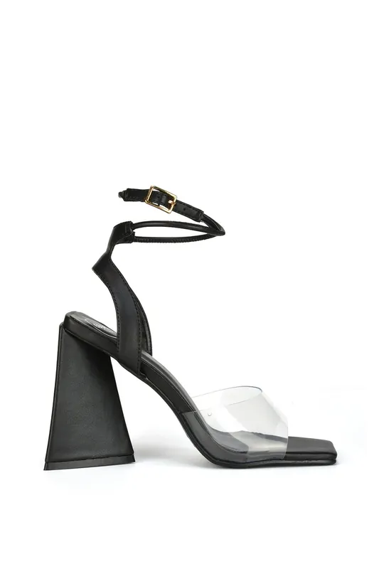 Dahlia' Lace Up Ankle Strappy Perspex Square Toe Chunky Block High Heels - XY London