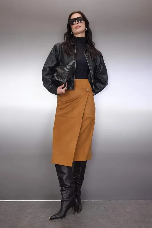 Wrap Button Detail Knit Midi Skirt - WOVCOR