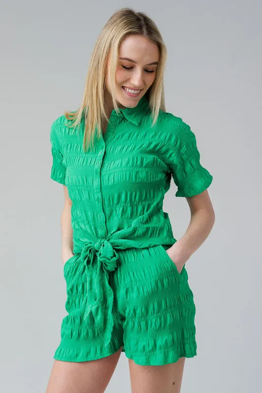 Textured Smocked Tie Front Short Sleeve Shirt - Influence