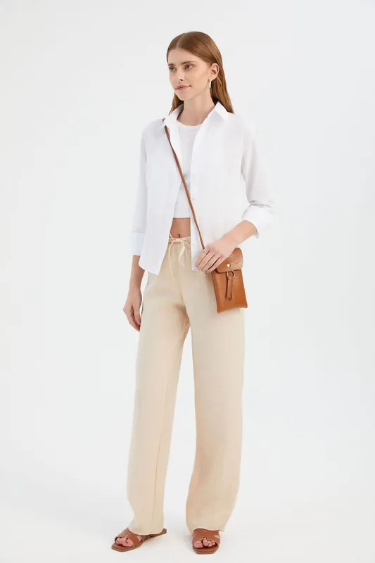 Mid Rise Elastic Waist Drawstring Straight Leg Trousers - Hiccup