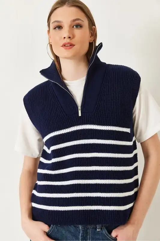 Striped Knitwear Sweater Vest with Zipper Collar - Bianco Lucci