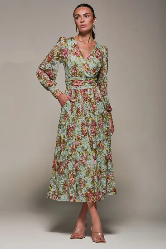Long Sleeve Printed Lace Maxi Dress - Jolie Moi