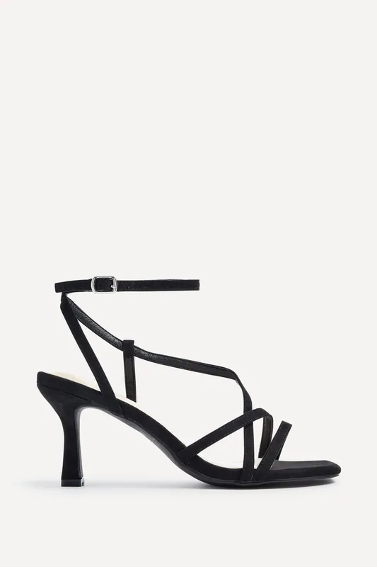 Cassie Wide Fit Black Faux Suede Strappy Square Toe Heeled Sandal - Linzi