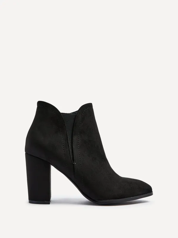 Freda Black Faux Suede Block Heeled Ankle Boot - Linzi