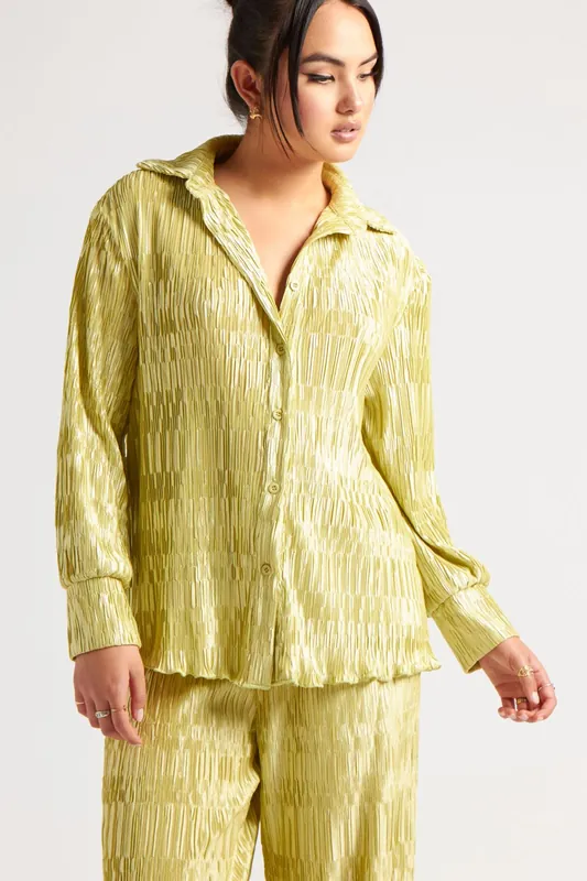 Green Textured Plisse Oversized Shirt - Urban Bliss
