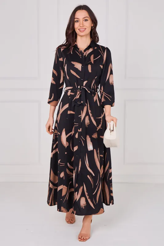 Copper Painterly Print Belted Maxi Shirt Dress - Love Sunshine