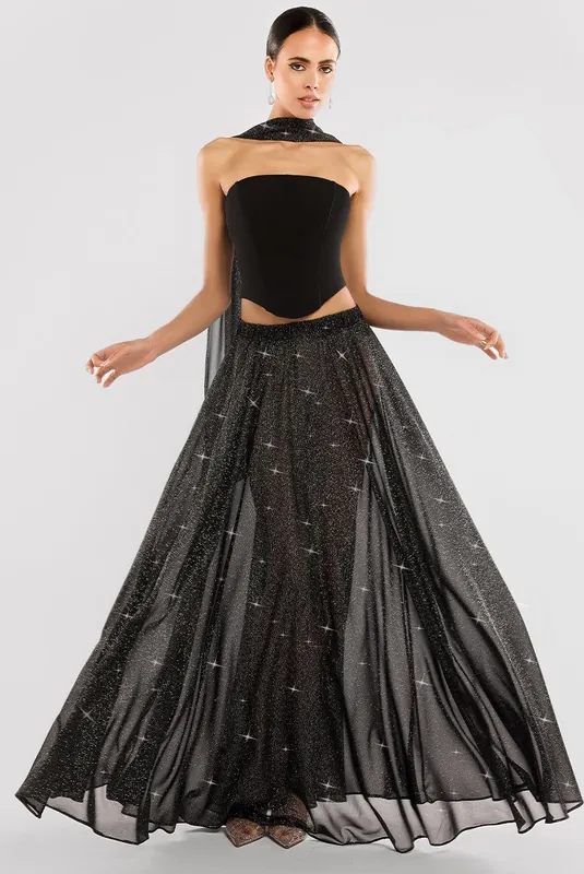 Gathered A Line Glitter Chiffon Maxi Skirt - Goddiva