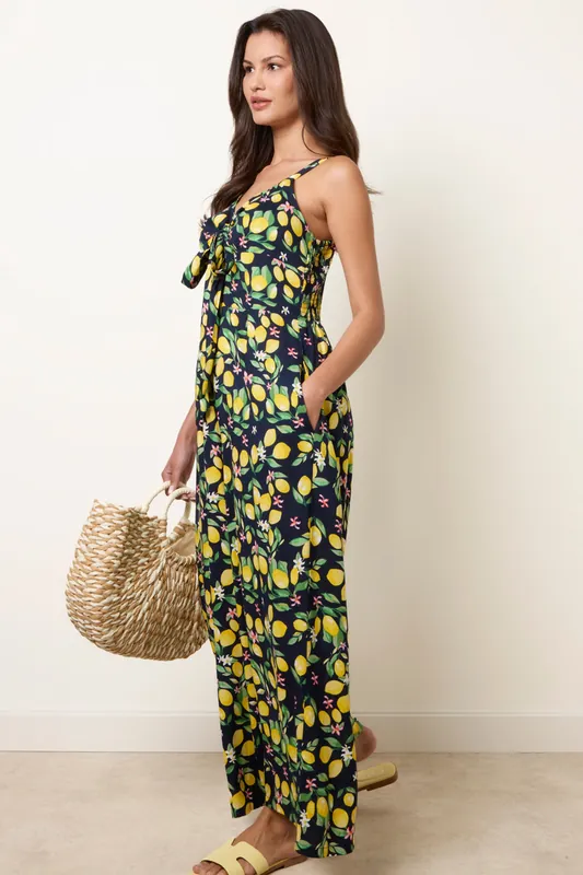 Navy Lemon Print Front Tie Jumpsuit - Blue Vanilla