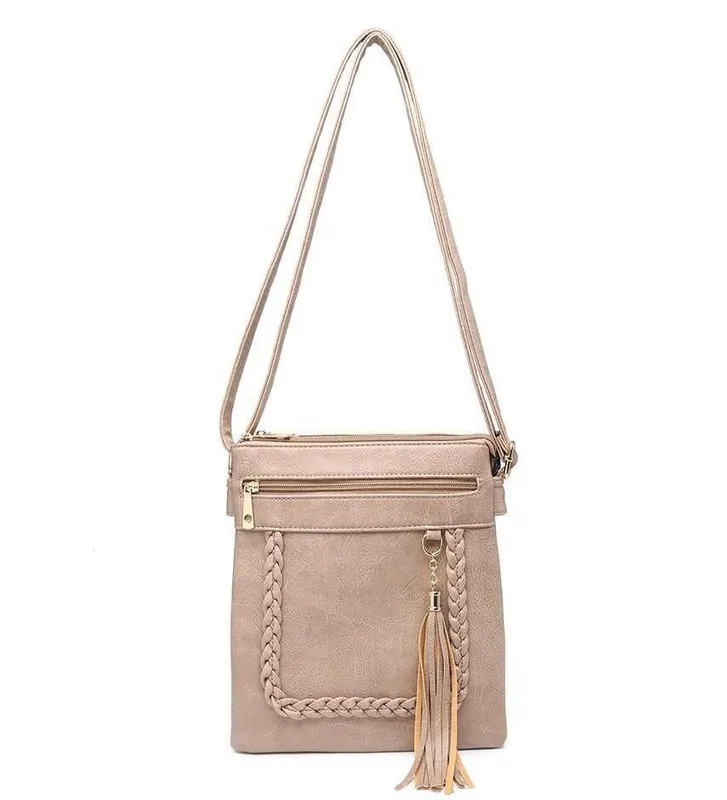Braided Trim Double Compartment Crossbody Bag with Tassel Charm - Kitise
