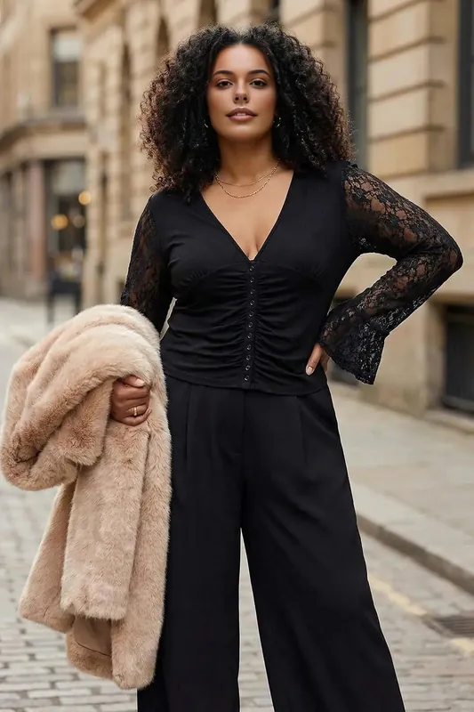 Lace Sleeve Button Detail V Neck Fitted Top - WOVCOR