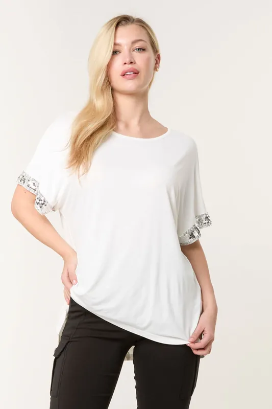 Ivory Sequin Trim Oversized Top - Blue Vanilla