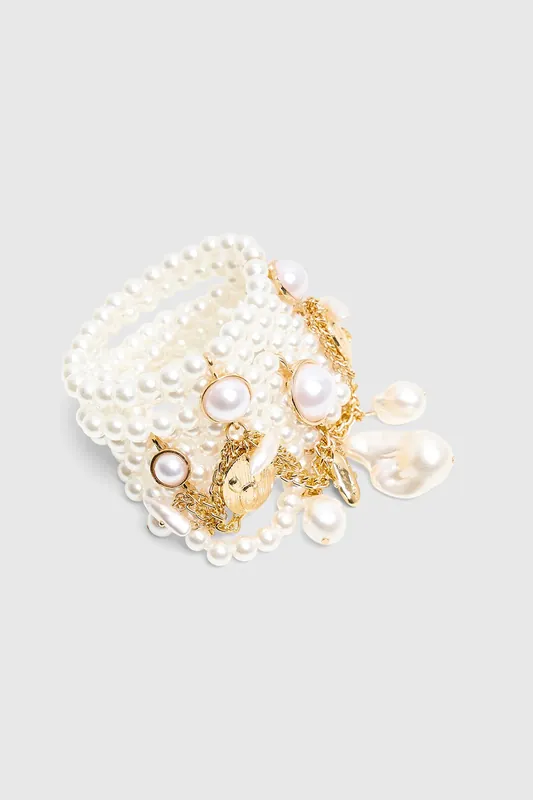 Layered Pearl Bracelet With Gold Charms - Public Desire