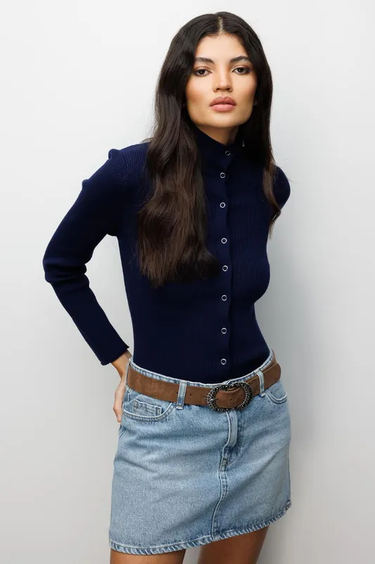 Slim Fit Half Turtleneck Cardigan with Button Closure - MixRay