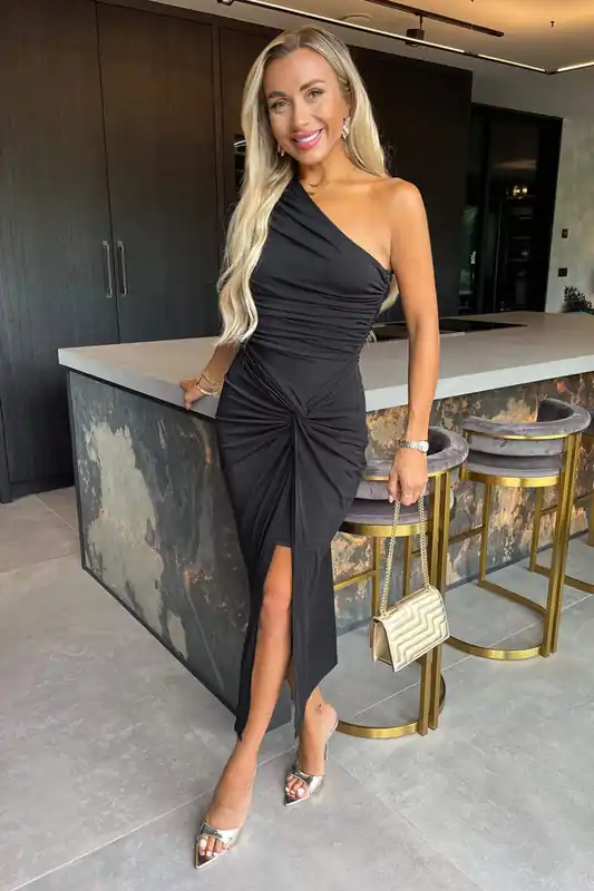 Black One Shoulder Knot Skirt Midi Dress - AX Paris