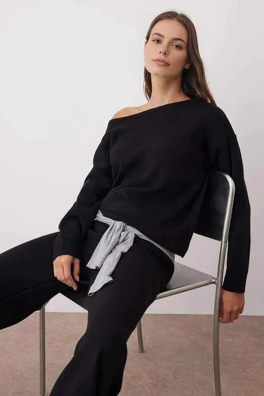 Boat Neck Knit Sweater and Wide Leg Trousers Co-Ord Set