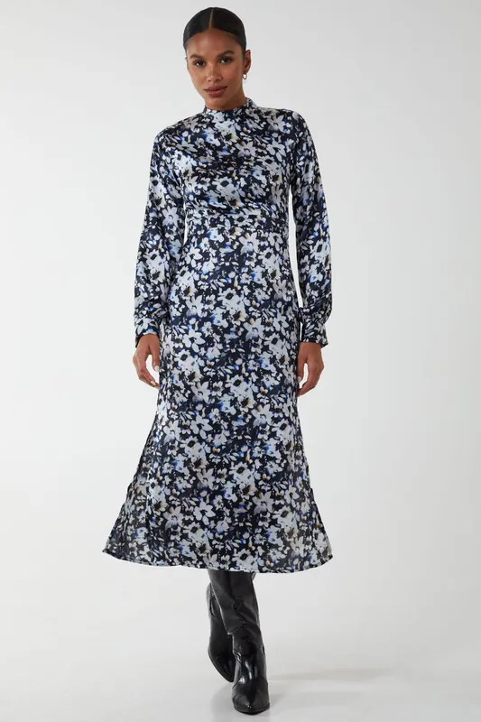 Floral Print High Neck Dress - Blue Vanilla