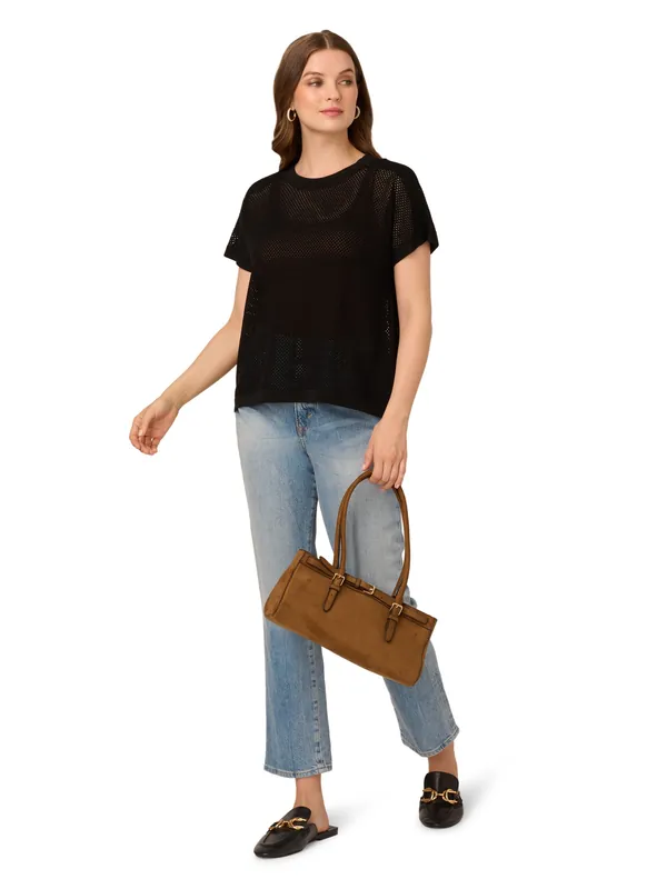 Crew Neck Mesh Stitch Pullover Dolman Sleeve Sweater - Adrianna Papell