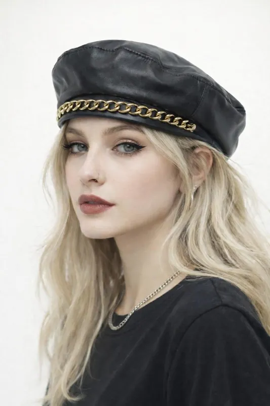 Zola PU Leather Beret With Gold Metal Chain Detail - SVNX