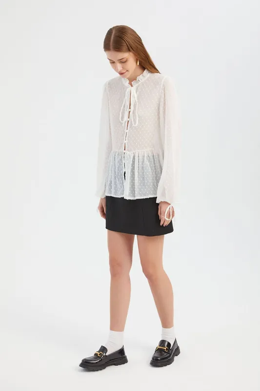 Polka Dot High Neck Mesh Buttoned Blouse with a Tie Front - Hiccup