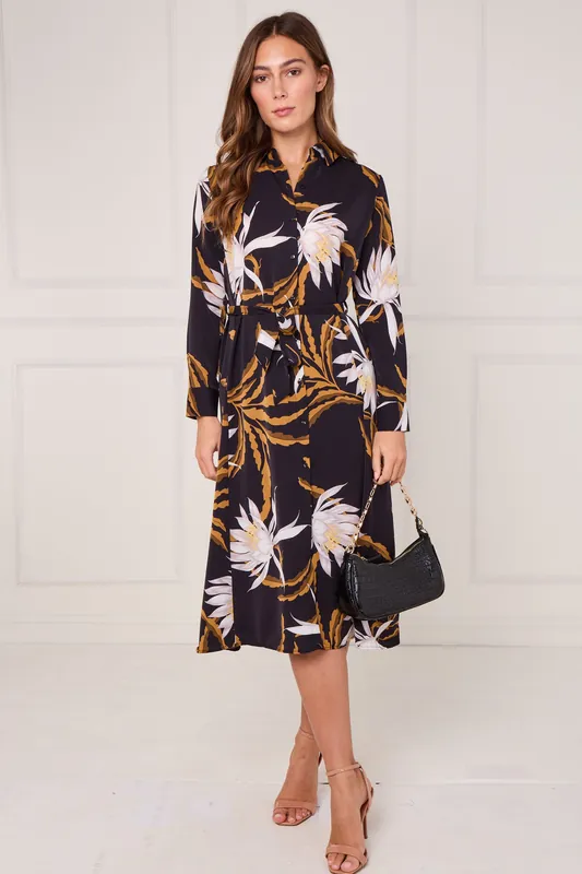 Black and Mustard Botanical Floral Print Midi Shirt Dress - Love Sunshine