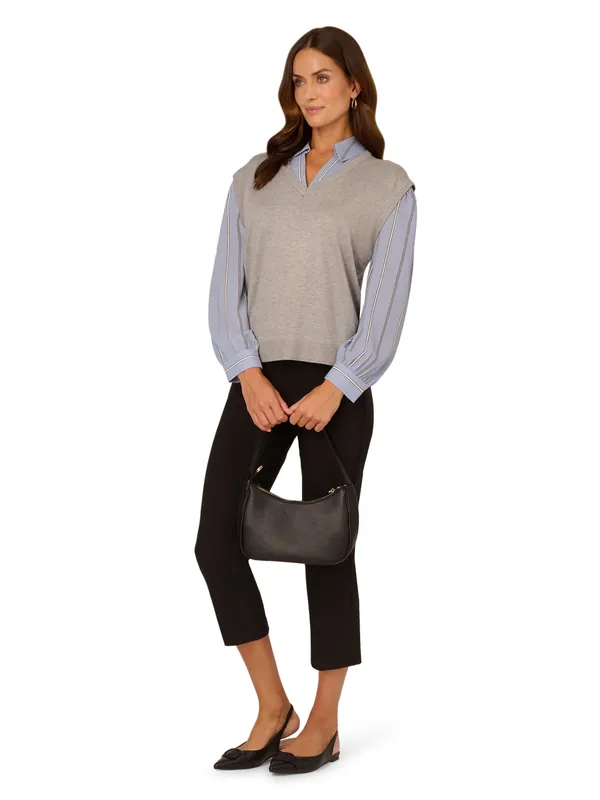 Oversized Sweater Vest Twofer With Printed Woven Combo - Adrianna Papell