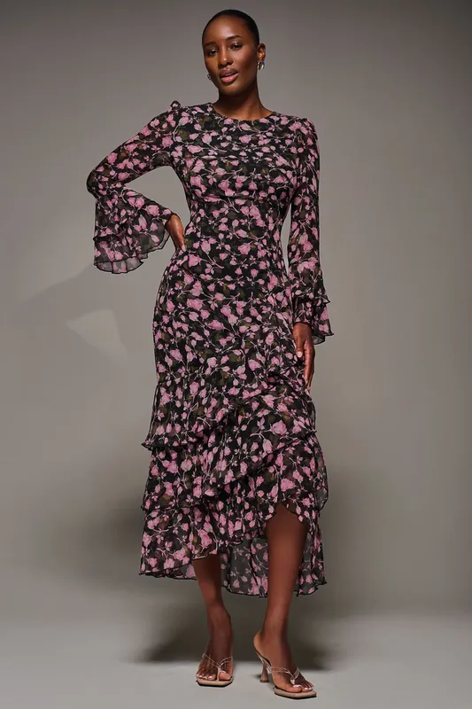 Ruffled Long Sleeve Tiered Chiffon Midaxi Dress - Jolie Moi