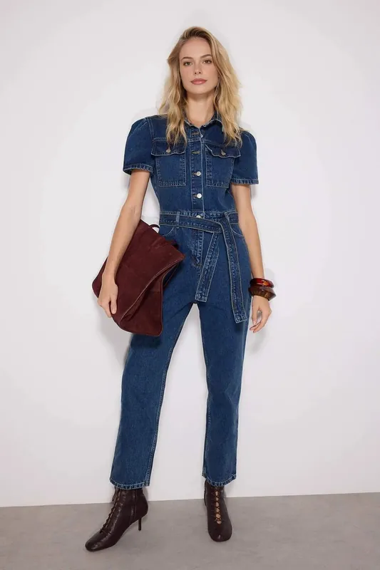 Belted Short Sleeve Collared Straight Leg Denim Jumpsuit - WOVCOR