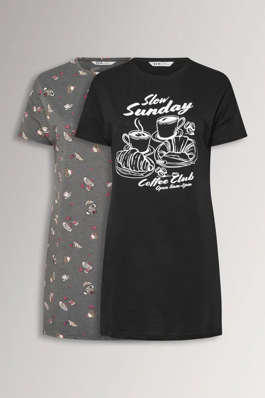 2 Pack 'Coffee Club' Sleep Tee Nightdresses - Yours