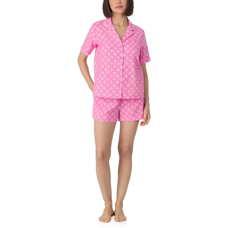 Short sleeve notch top and boxer sleep set in orchid pink logo - DKNY