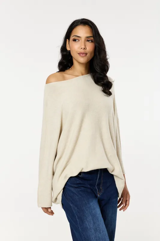 Beige Off Shoulder Relaxed Knit Jumper - Liquorish