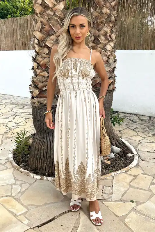 Cream Boho Vine Print Strappy Shirred Waist Midi Dress - AX Paris
