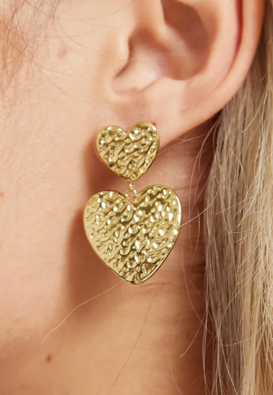 Gold Textured Double Heart Earrings - Liquorish