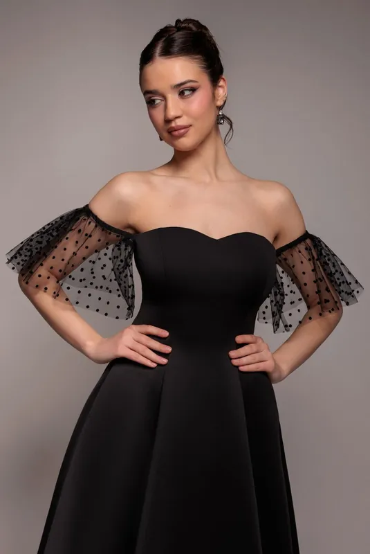 Scuba & Polka Mesh Off The Shoulder Midi Dress - Goddiva