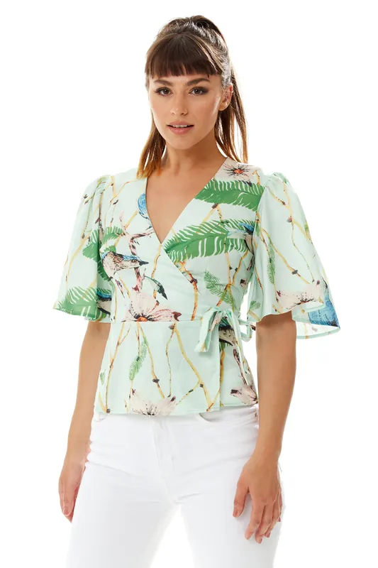 Bird Print Wrap Top in Mint Green - Liquorish
