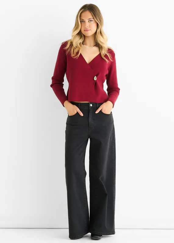 Burgundy Button Wrap Compact Knit Cardigan - Gini London