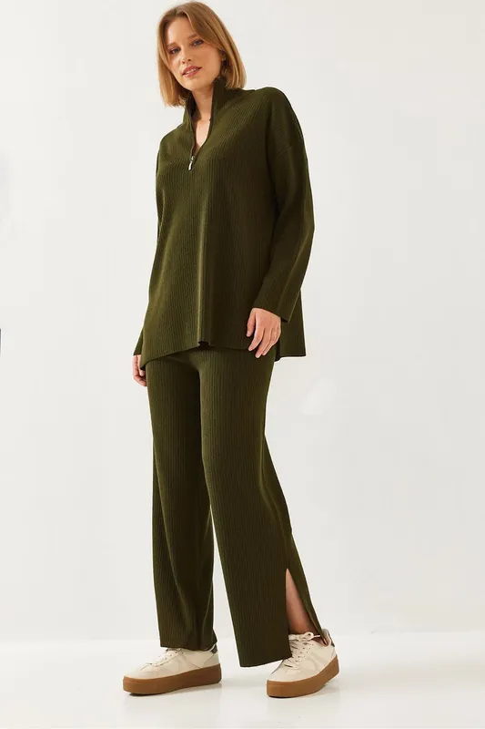 Ribbed Zipper Collar Two-Piece Set with Slit