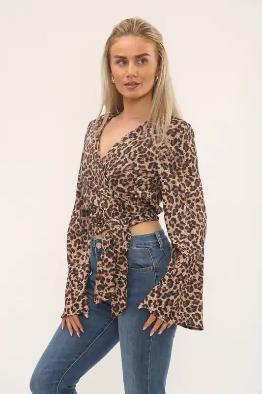 Leopard Print Wrap Top - ELAINA FASHION