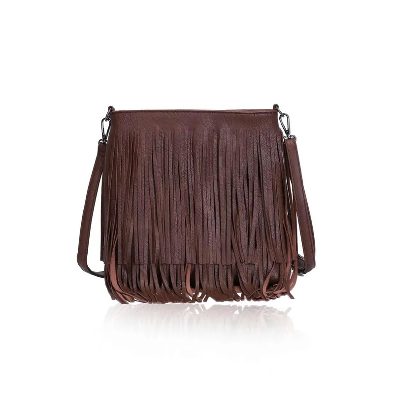Classic PU Leather Fringe Detail Boho Style Crossbody Handbag - Kitise
