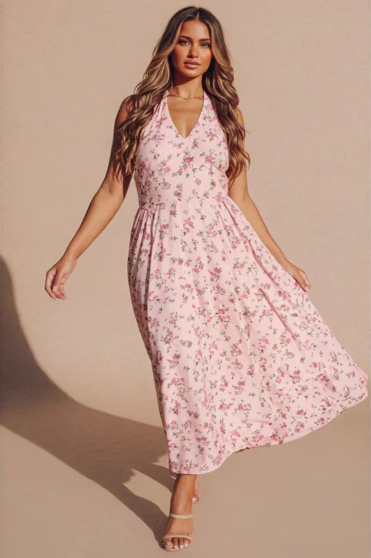 Pink Floral Halterneck Midaxi Skater Dress- Canal