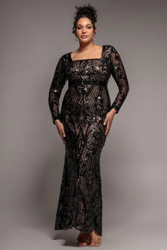 Sequin Square Neck Maxi With Scallop Hem - Goddiva