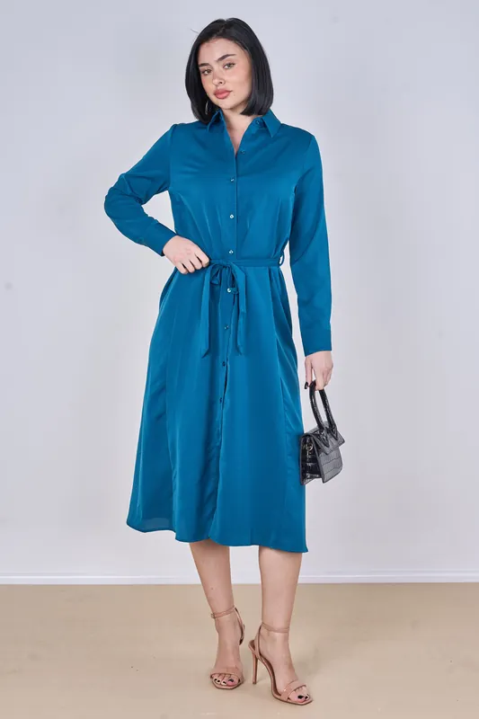Peacock Blue Plain Belted Midi Shirt Dress - Love Sunshine