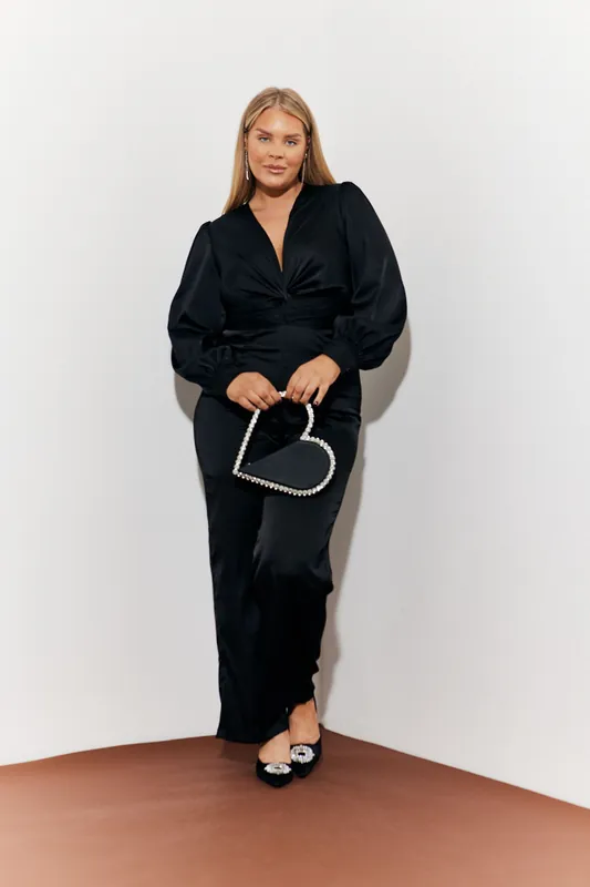 Black Twist Front Detail Wide Leg Satin Jumpsuit - In The Style