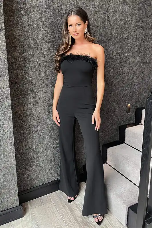 Black Strapless Faux Feather Detail Jumpsuit - AX Paris